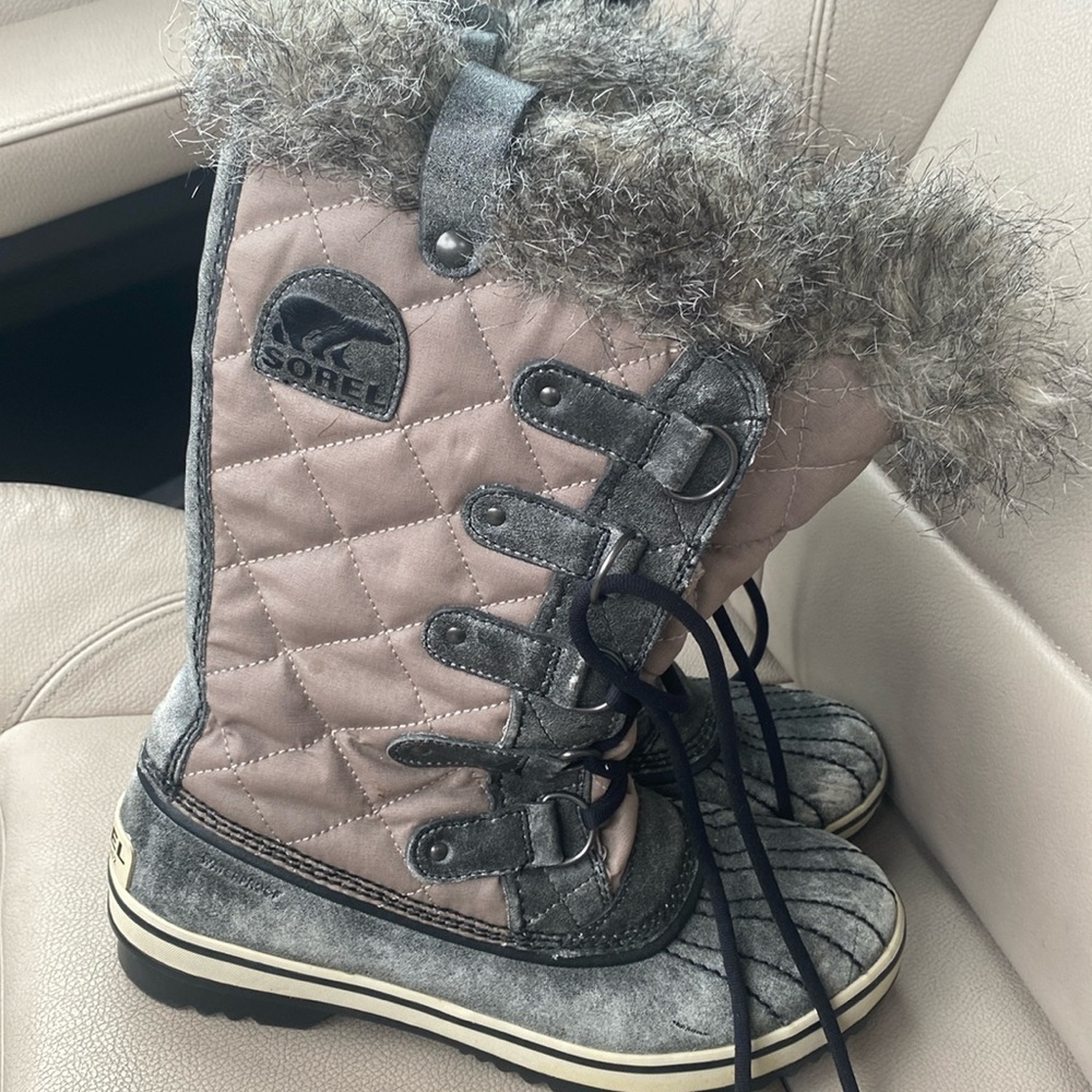 SOREL "TOFINO" DISTRESSED LOOK FUR TRIMMED GRAY SNOW/DUCK BOOTS SIZE 9